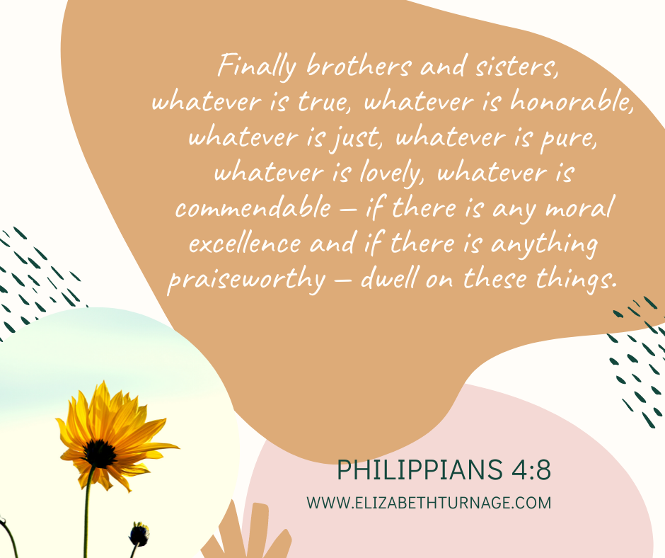 Phil 4.8 Finally brothers and sisters, whatever is true, whatever is honorable, whatever is just, whatever is pure, whatever is lovely, whatever is commendable — if there is any moral excellence and if there is anything praiseworthy — dwell on these things. Philippians 4:8