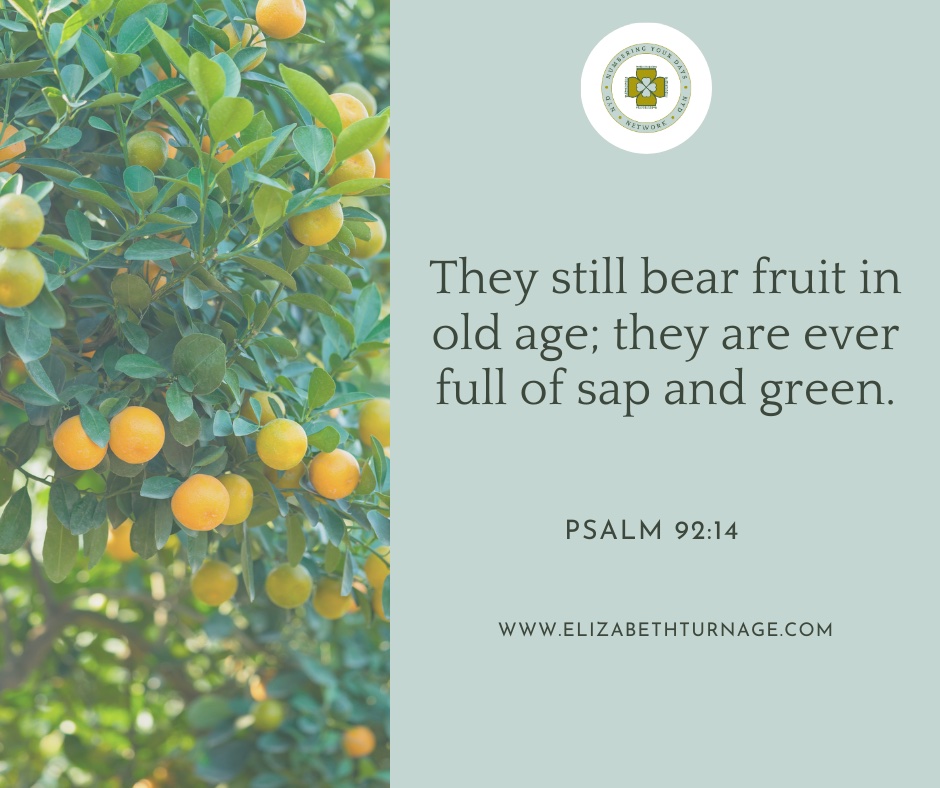 They still bear fruit in old age; they are ever full of sap and green. Psalm 92:14