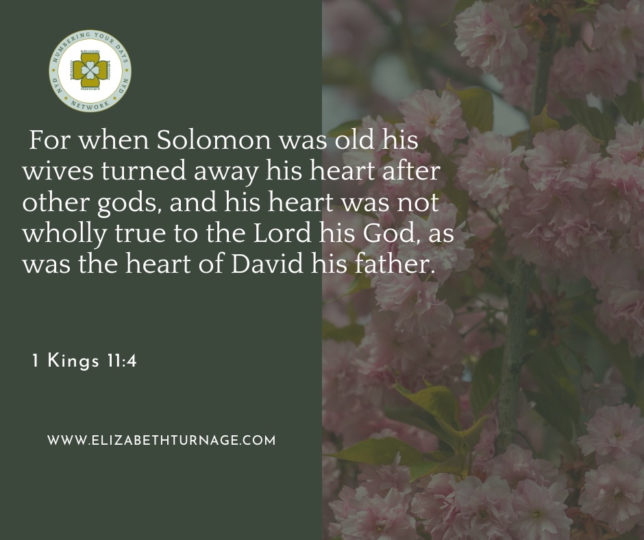 For when Solomon was old his wives turned away his heart after other gods, and his heart was not wholly true to the Lord his God, as was the heart of David his father. 1 Kings 11:4