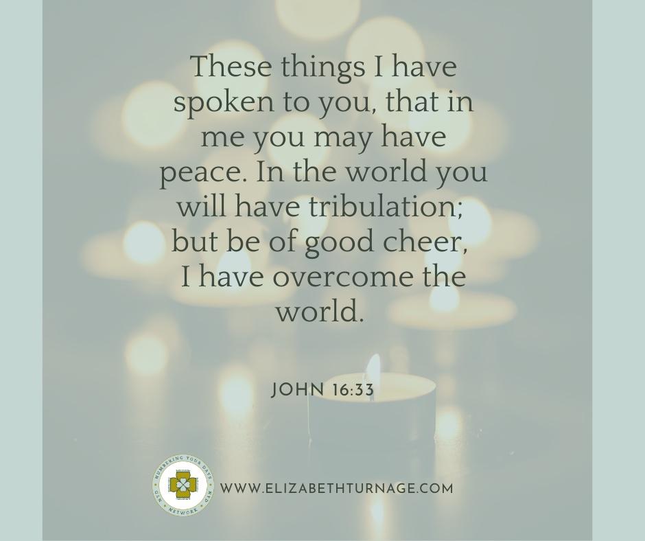 These things I have spoken to you, that in me you may have peace. In the world you will have tribulation; but be of good cheer, I have overcome the world. John 16:33