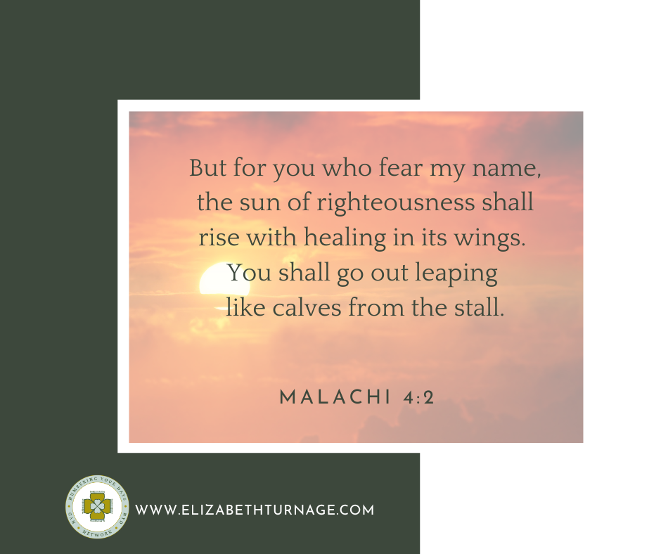 But for you who fear my name, the sun of righteousness shall rise with healing in its wings. You shall go out leaping like calves from the stall. Malachi 4:2
