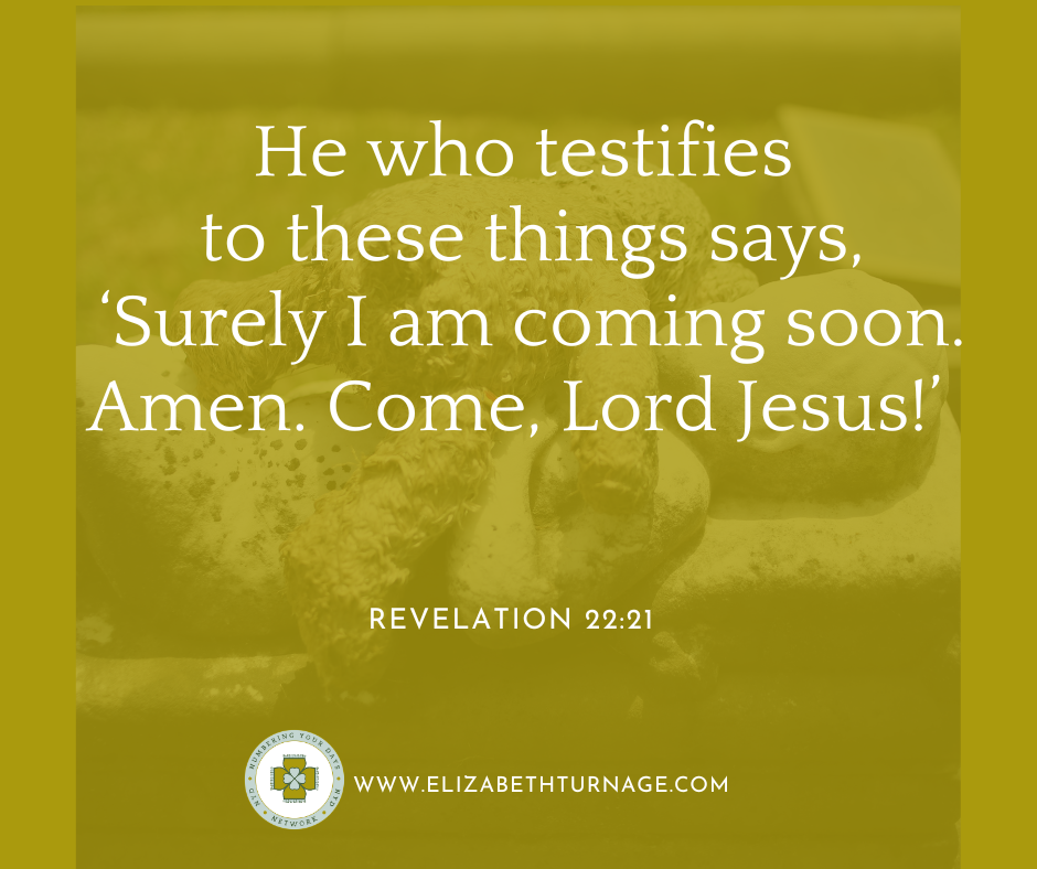 REV 22_21 He who testifies to these things says, ‘Surely I am coming soon. Amen. Come, Lord Jesus!’ Revelation 22:20
