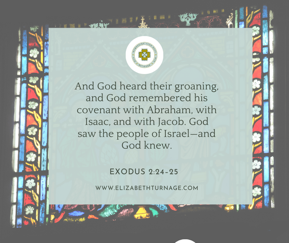 Exodus 224–25 And God heard their groaning, and God remembered his covenant with Abraham, with Isaac, and with Jacob. God saw the people of Israel—and God knew. Exodus 2:24–25