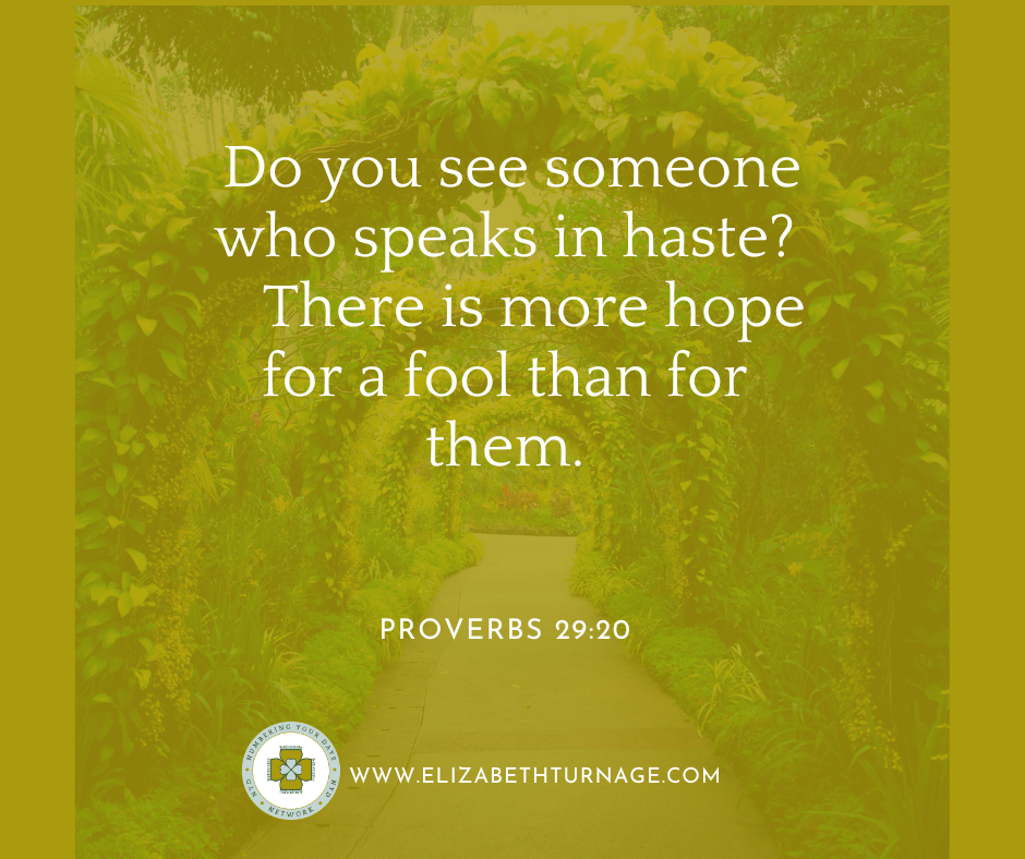 Proverbs 2920 Do you see someone who speaks in haste? There is more hope for a fool than for them. Proverbs 29:20