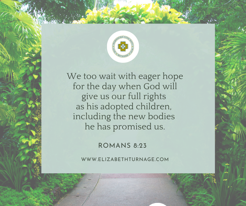 romans 823 We too wait with eager hope for the day when God will give us our full rights as his adopted children, including the new bodies he has promised us. Romans 8:23