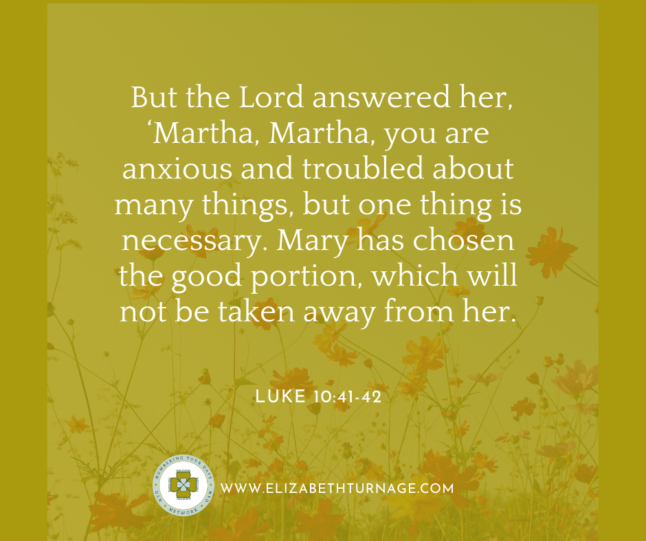 LUKE 1041-42 But the Lord answered her, ‘Martha, Martha, you are anxious and troubled about many things, but one thing is necessary. Mary has chosen the good portion, which will not be taken away from her.’ Luke 10:41-42