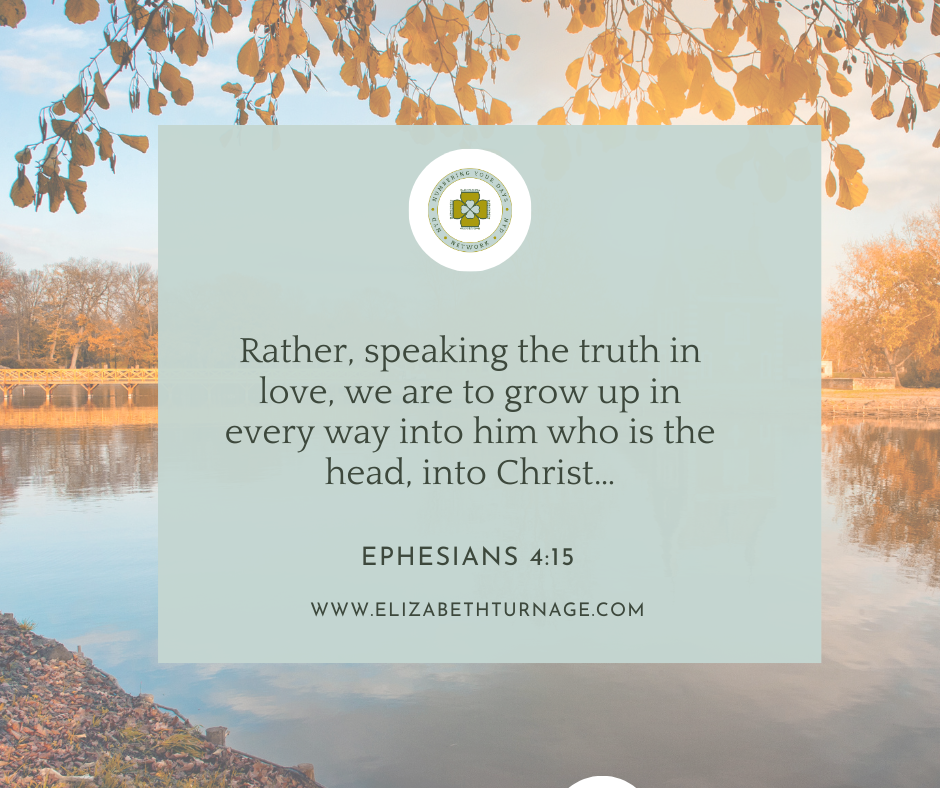 Ephesians 415 Rather, speaking the truth in love, we are to grow up in every way into him who is the head, into Christ…Ephesians 4:15