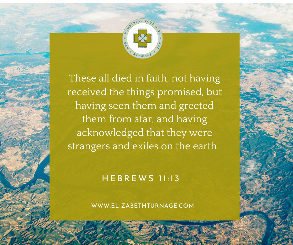 Hebrews 1113 These all died in faith, not having received the things promised, but having seen them and greeted them from afar, and having acknowledged that they were strangers and exiles on the earth. Hebrews 11:13