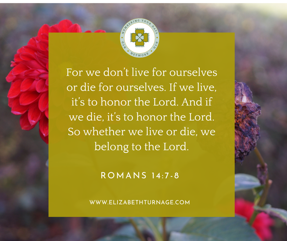 For we don’t live for ourselves or die for ourselves. If we live, it’s to honor the Lord. And if we die, it’s to honor the Lord. So whether we live or die, we belong to the Lord. Romans 14:7-8