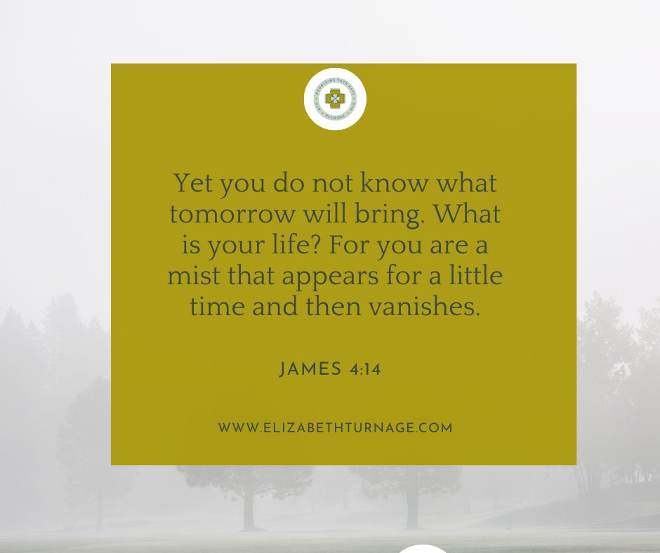 James4_14 Yet you do not know what tomorrow will bring. What is your life? For you are a mist that appears for a little time and then vanishes.