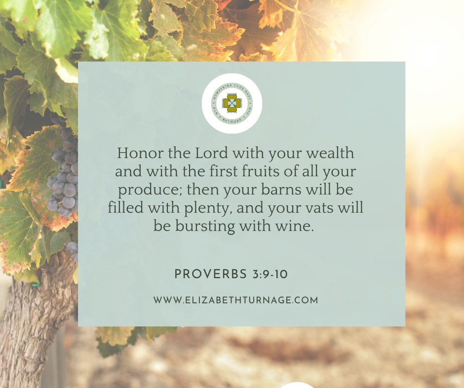 Proverbs3_9-10 Honor the Lord with your wealth and with the first fruits of all your produce; then your barns will be filled with plenty, and your vats will be bursting with wine.