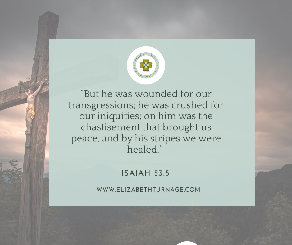 But he was wounded for our transgressions; he was crushed for our iniquities; on him was the chastisement that brought us peace, and by his stripes we were healed
