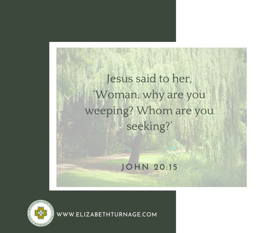 John20_15 Jesus said to her, ‘Woman, why are you weeping? Whom are you seeking?’