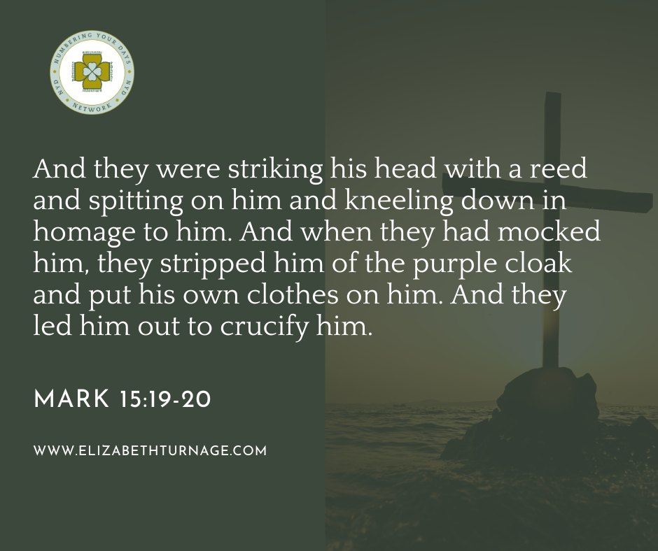And they were striking his head with a reed and spitting on him and kneeling down in homage to him. And when they had mocked him, they stripped him of the purple cloak and put his own clothes on him. And they led him out to crucify him.