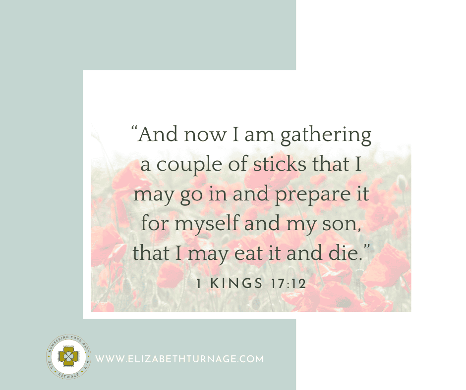 “And now I am gathering a couple of sticks that I may go in and prepare it for myself and my son, that I may eat it and die.”